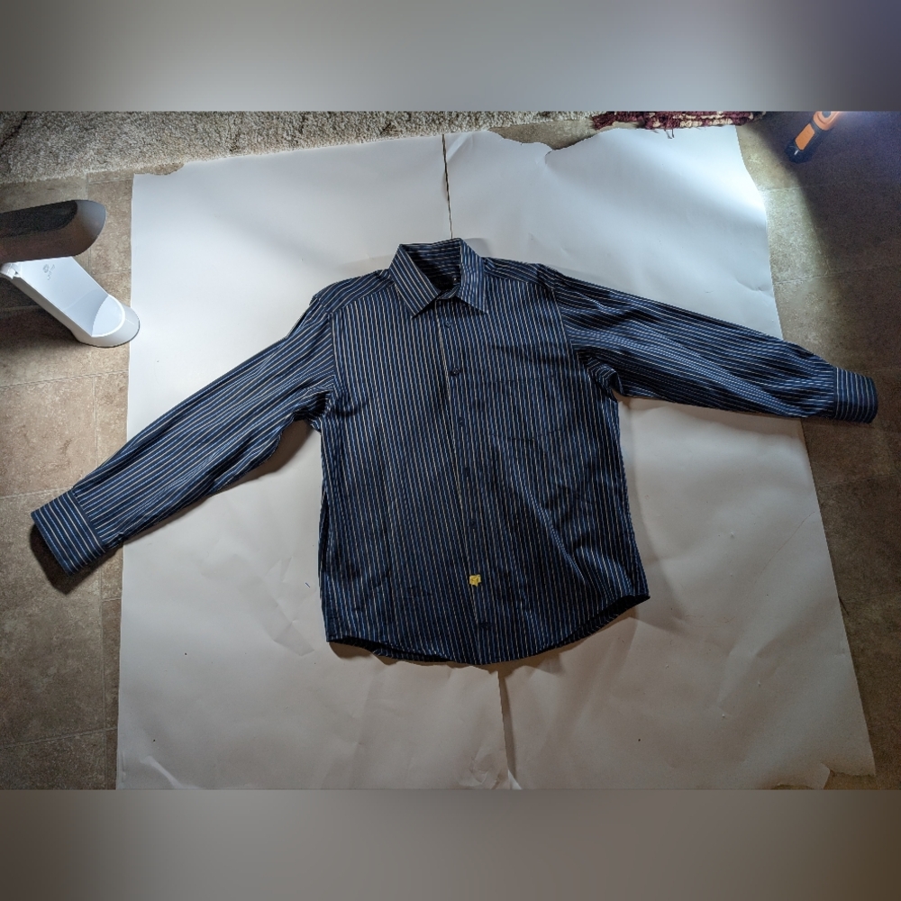 Bugatchi Uomo Mens Button-Up Shirt M Blue Black Striped Shaped Fit Long Sleeve